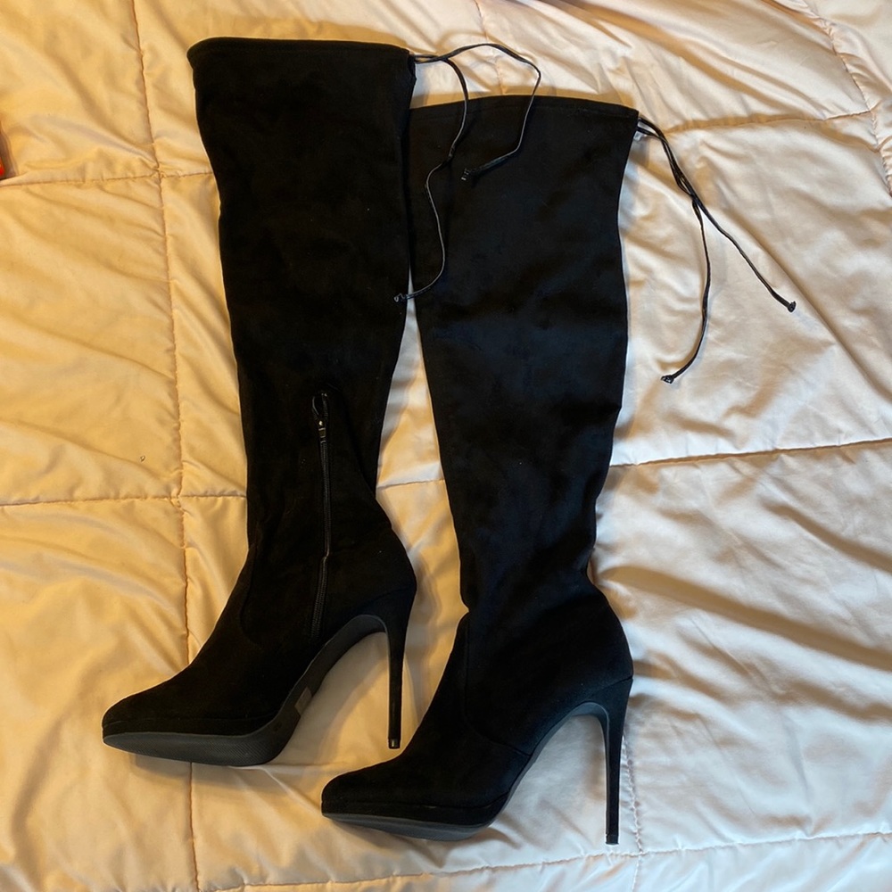 Tall black suede stiletto boots